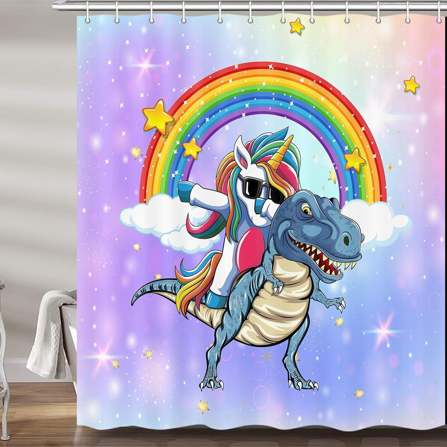 Unicorn Riding Dinosaur Shower Curtain for Kids Bathroom, Cute Funny ...