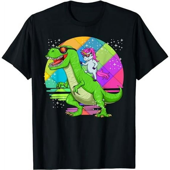 Unicorn Riding Dinosaur T Rex Rainbow Cute Fun Gift T-Shirt
