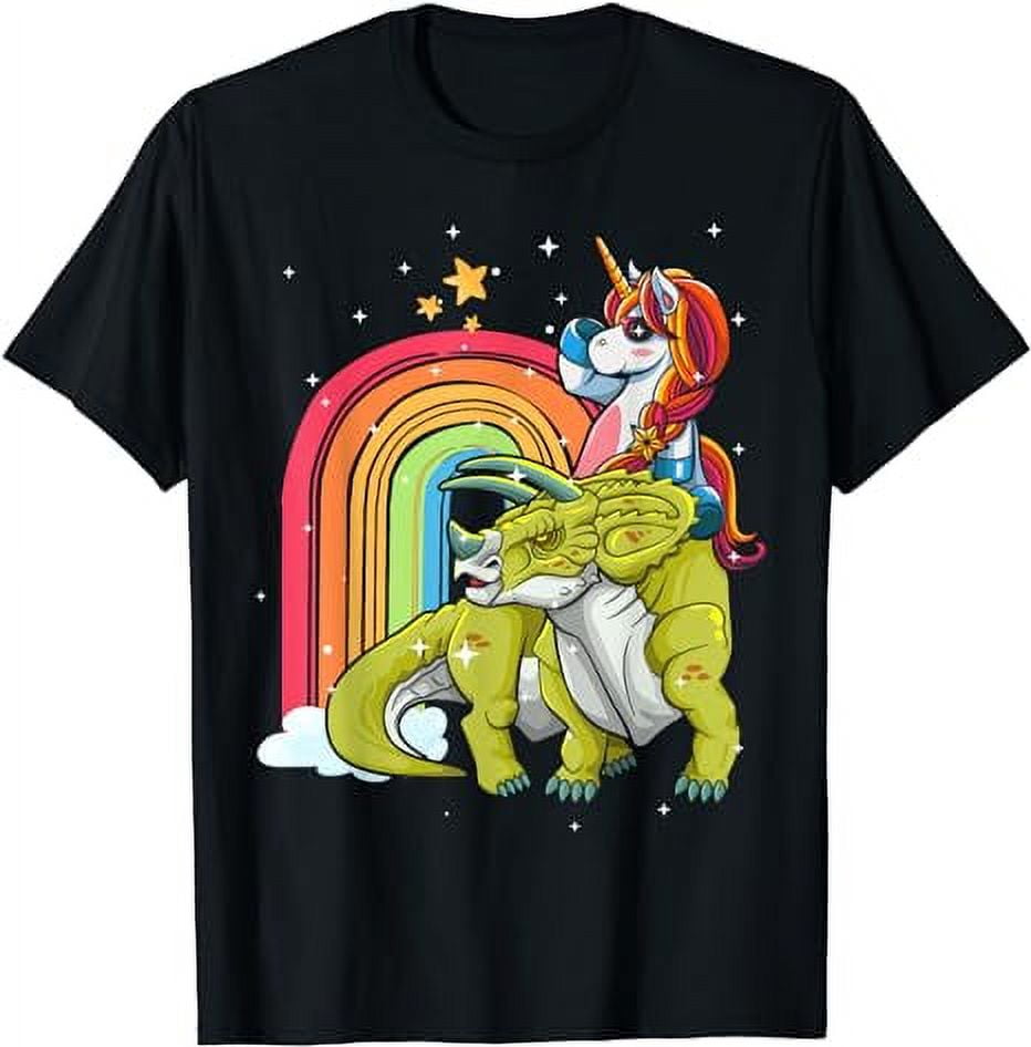 Unicorn Riding T Rex Dinosaur Boys Girls Men Women Rainbow T-Shirt ...