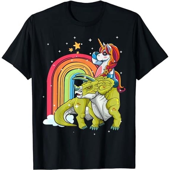 Unicorn Riding T Rex Dinosaur Boys Girls Men Women Rainbow T-Shirt