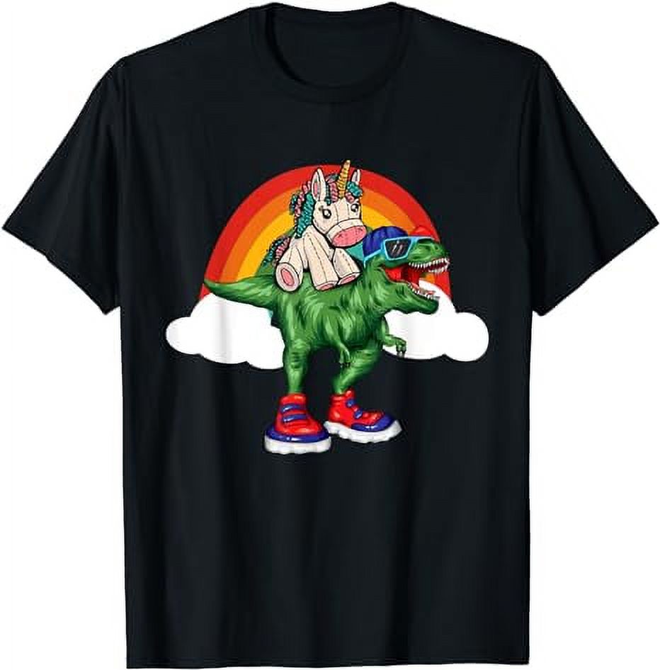 Unicorn Riding T Rex Dinosaur Boys Girls Men Women Rainbow T-Shirt ...