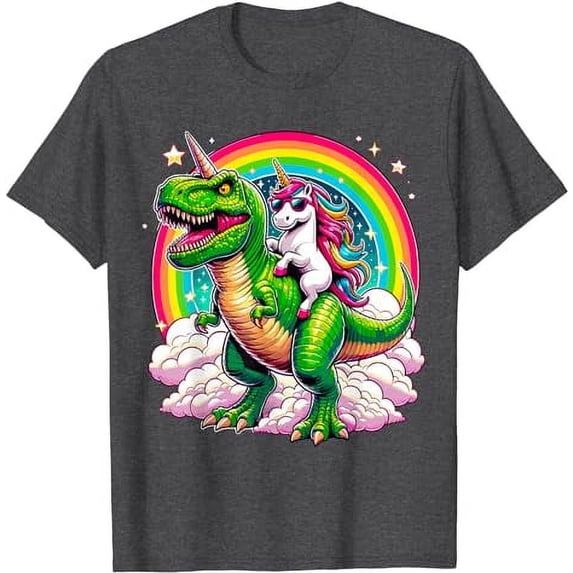 Unicorn Riding T-Rex Dinosaur Rainbow T-Shirt