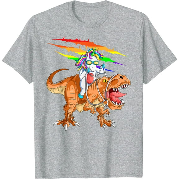 Unicorn Riding T-Rex Dinosaur Unisex T-Shirt for Men Women Kids Toddler,Sport Grey Color,Size L