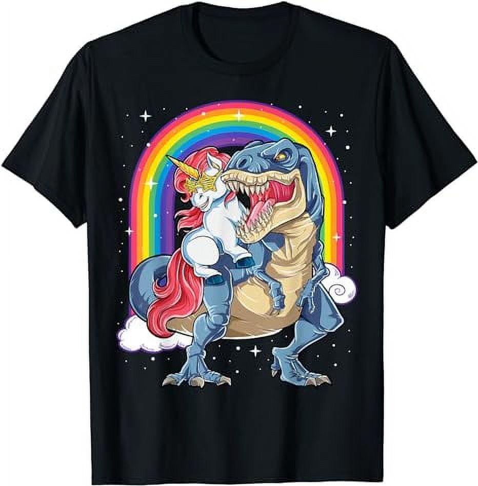 Unicorn Riding T rex Dinosaur Boys Girls Men Women Rainbow T-Shirt ...