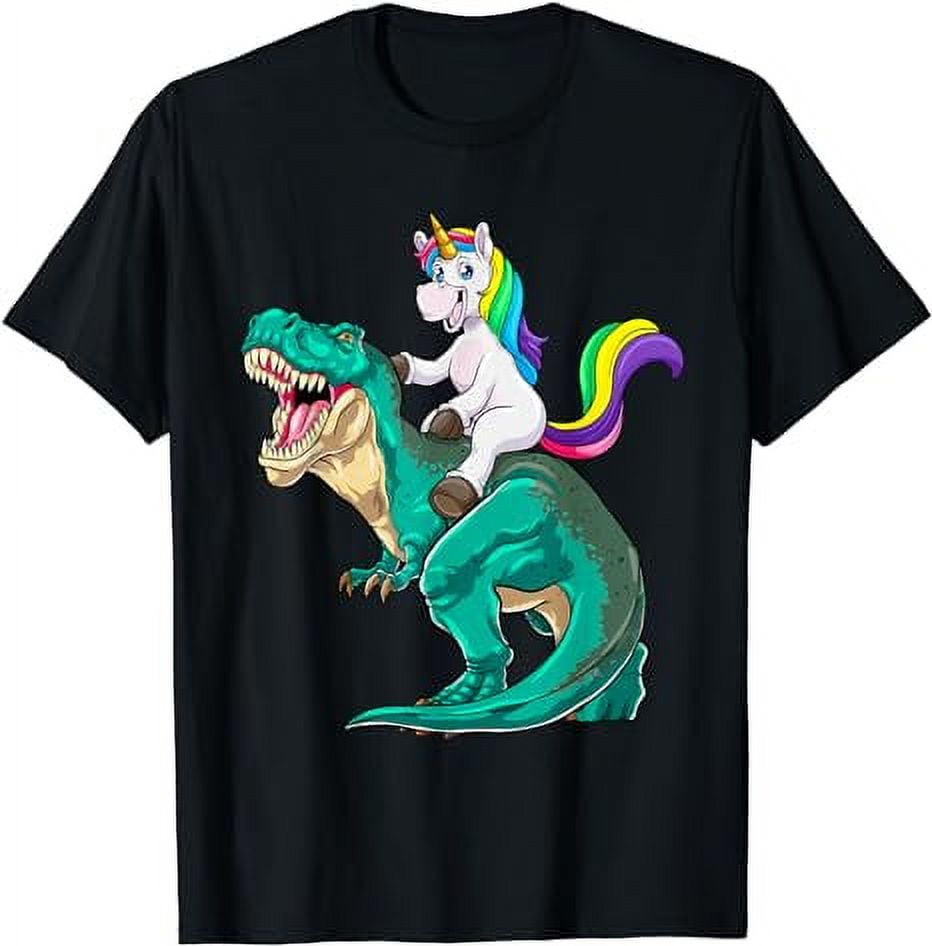 Unicorn Riding T rex Dinosaur Boys Girls Men Women Rainbow black T ...