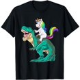 thumbnail image 1 of Unicorn Riding T rex Dinosaur Boys Girls Men Women Rainbow black T-Shirt, 1 of 3