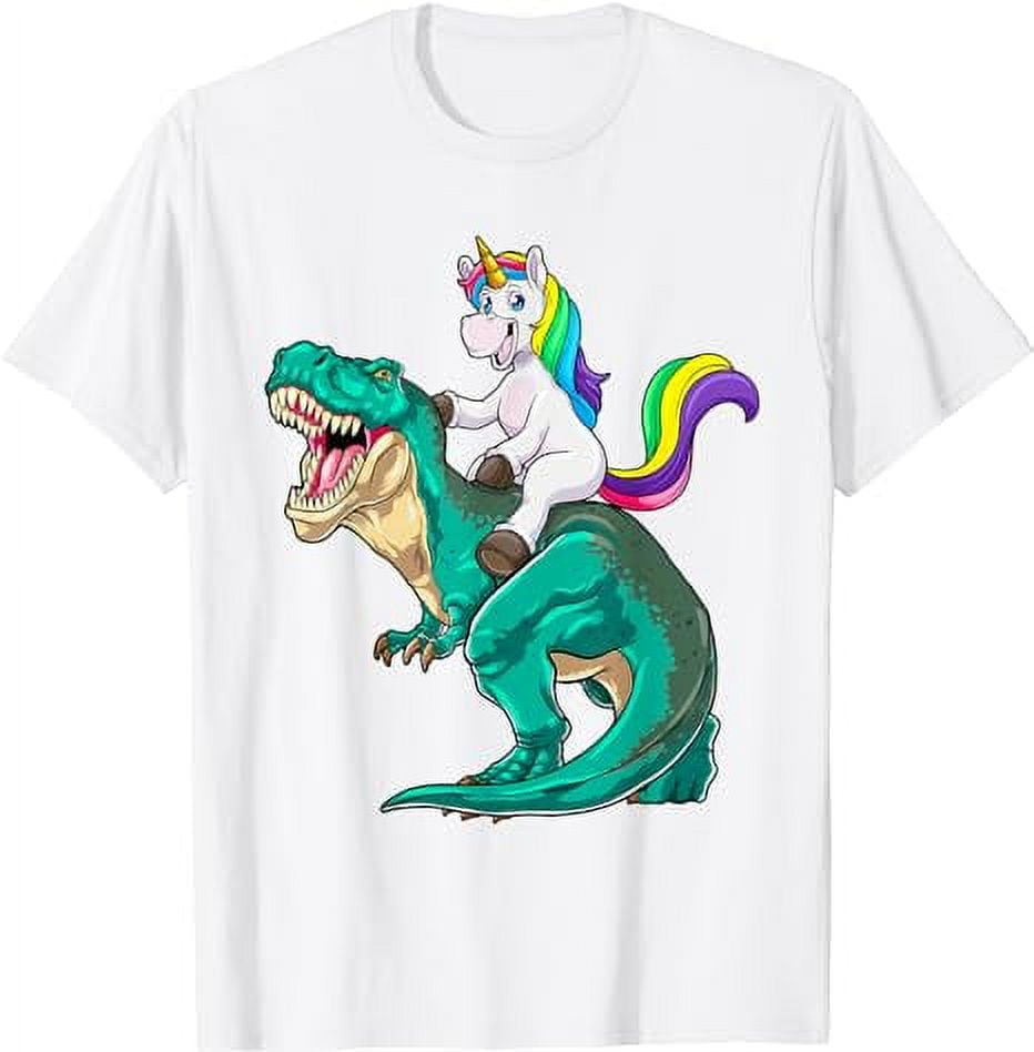 Unicorn Riding T rex Dinosaur Boys Girls Men Women Rainbow white T ...