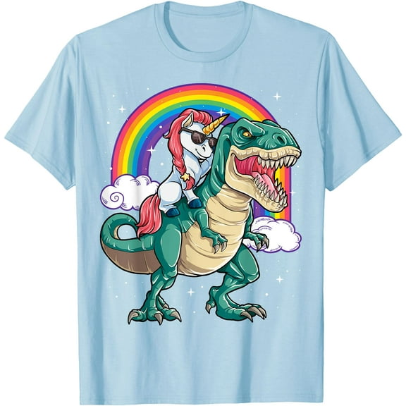 Unicorn Riding Tyrannosaurus Rex Dinosaur Rainbow Unisex T-Shirt for Men Women Kids Toddler,Light Blue Color,Size M