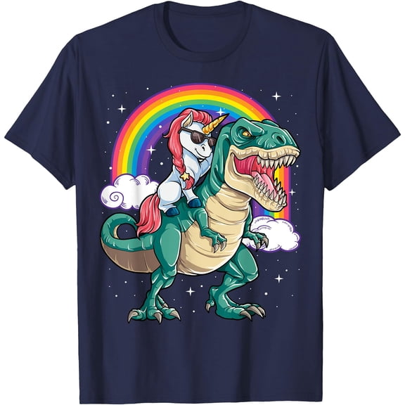 Unicorn Riding Tyrannosaurus Rex Dinosaur Rainbow Unisex T-Shirt for Men Women Kids Toddler,Navy Color,Size YM