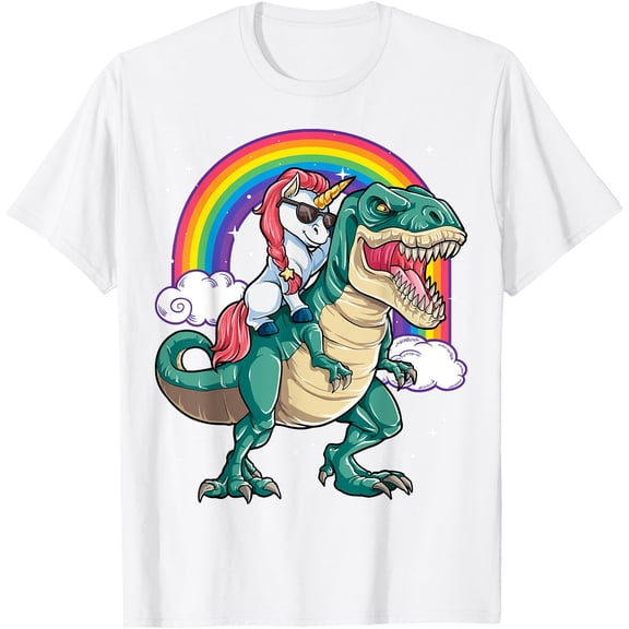 Unicorn Riding Tyrannosaurus Rex Dinosaur Rainbow Unisex T-Shirt for Men Women Kids Toddler