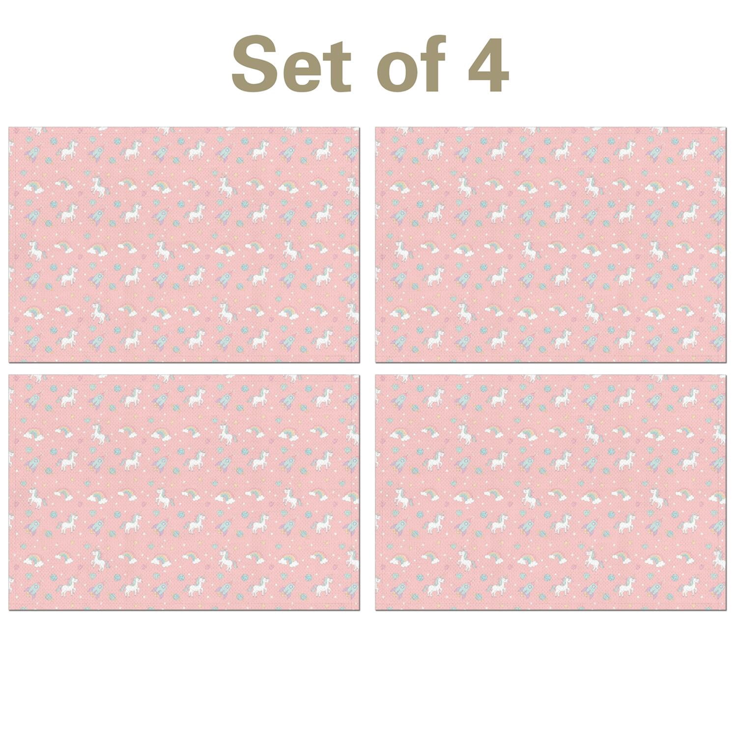 Rocket Patterns Unicorn and Rocket Pink Pattern Linen-look Placemats Set Of 4, Outdoor ...
