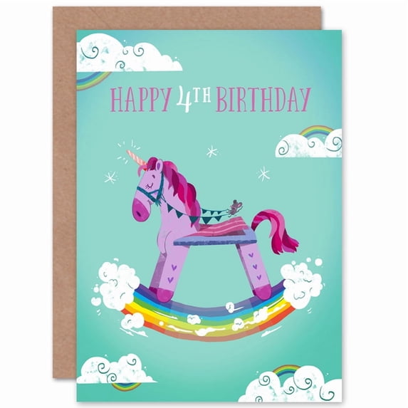 Unicorn Rocking 4th Birthday Greetings Card Plus Envelope Blank inside