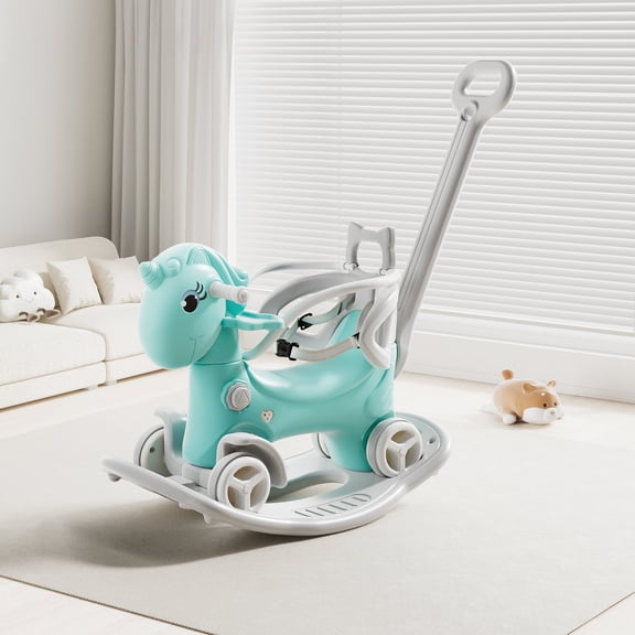 Unicorn Rocking Horse for Toddlers with Backrest and Stable Balance Board, Blue for Baby Girl and Boy, 1-3 Years Old, Balance Bike Ride On Toys with Push Handle