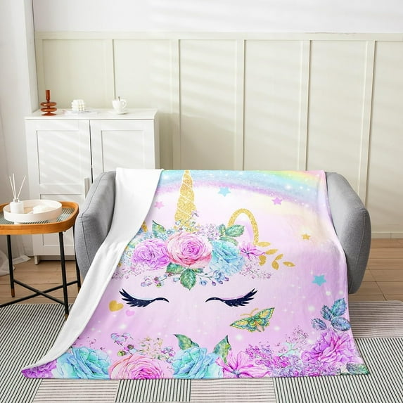 Unicorn Rose Flannel Fleece Throw Blanket 40"x50" Kids Rose Floral Flower Rainbow Fuzzy Blanket for Sofa Couch Glitter Garden Flower All Season Bed Blanket Romantic Plush Blanket