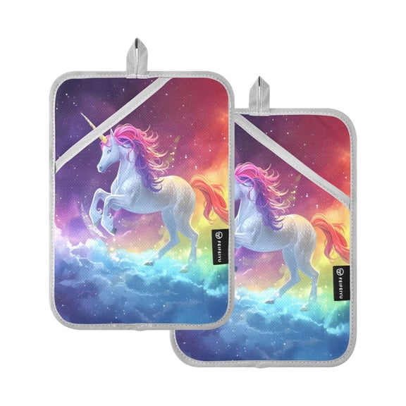 ALAZA Unicorn Running on Rainbow Pot Holders Set of 2 Heat Resistant Kitchen Oven Mitts