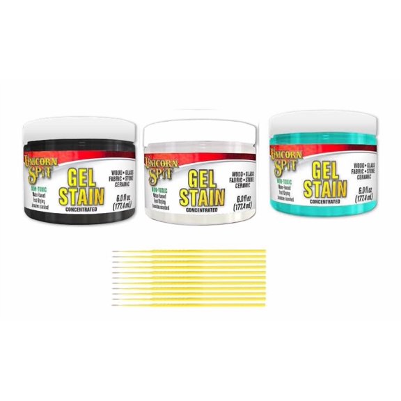 Unicorn SPiT Gel Stain Bundle: 6 oz. Water-Based Gel Stain Concentrate Bundles with Trebbies Detail Sticks Midnight's Blackness, White Ning Zia Teal