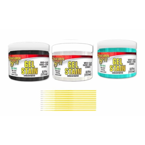 Unicorn SPiT Gel Stain Bundle: 6 oz. Water-Based Gel Stain Concentrate Bundles with Trebbies Detail Sticks Midnight's Blackness, White Ning Zia Teal