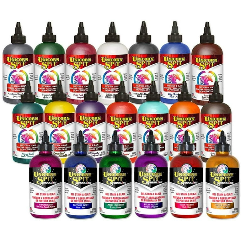 Unicorn SPiT Gel Stain and Glaze 20 Complete Collection: Sparkling and  Original Colors with 10 TreBBies Fine Detail Sticks, 4 oz and 8 oz (Navajo