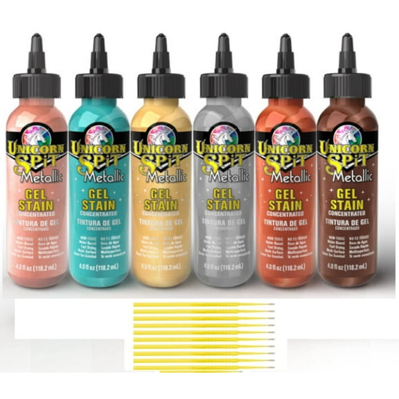 Unicorn SPiT Gel and Glaze Stain Metallic Collection: 6, 4oz. Bottles with 10 Trebbies Detail Sticks Aphrodite, Zeus, Hephaestus, Poseidon, Mercury, Athena