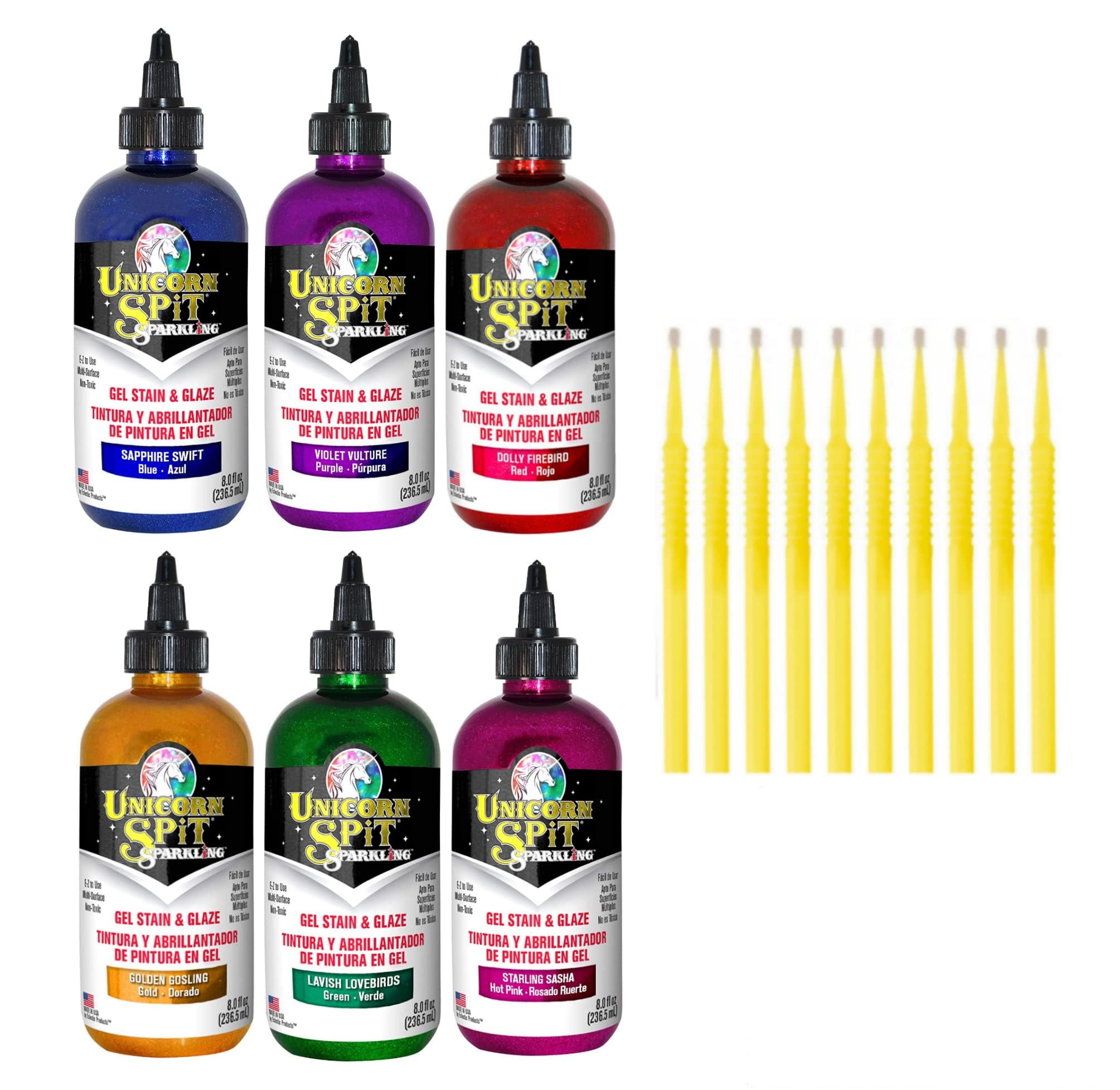 Unicorn SPiT Gel and Glaze Stain Sparkle Collection: 8oz. Bottles with Trebbies Detail Sticks Sapphire Swift, Violet Vulture, Dolly Firebird, Golden Gosling, Lavish Lovebirds, Starling Sasha