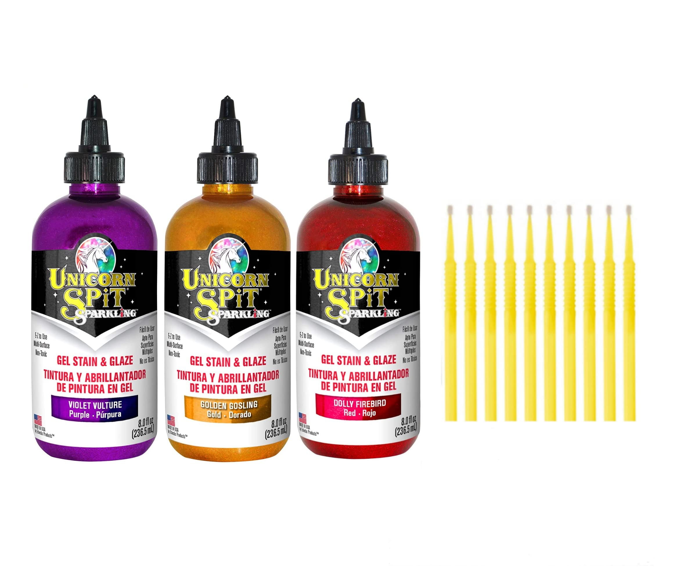 Unicorn SPiT Gel and Glaze Stain Sunset Sparkle Collection: 3, 8oz. Bottles with 10 Trebbies Fine Detail Sticks Violet Vulture, Golden Gosling, Dolly Firebird