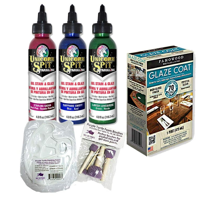 Unicorn SPiT Gel Stain & Glaze Paint in One Bundle with Famowood Glaze Coat  Kit, and Purple Turtle Products Accessory Kit (Galaxy Sparkle Collection
