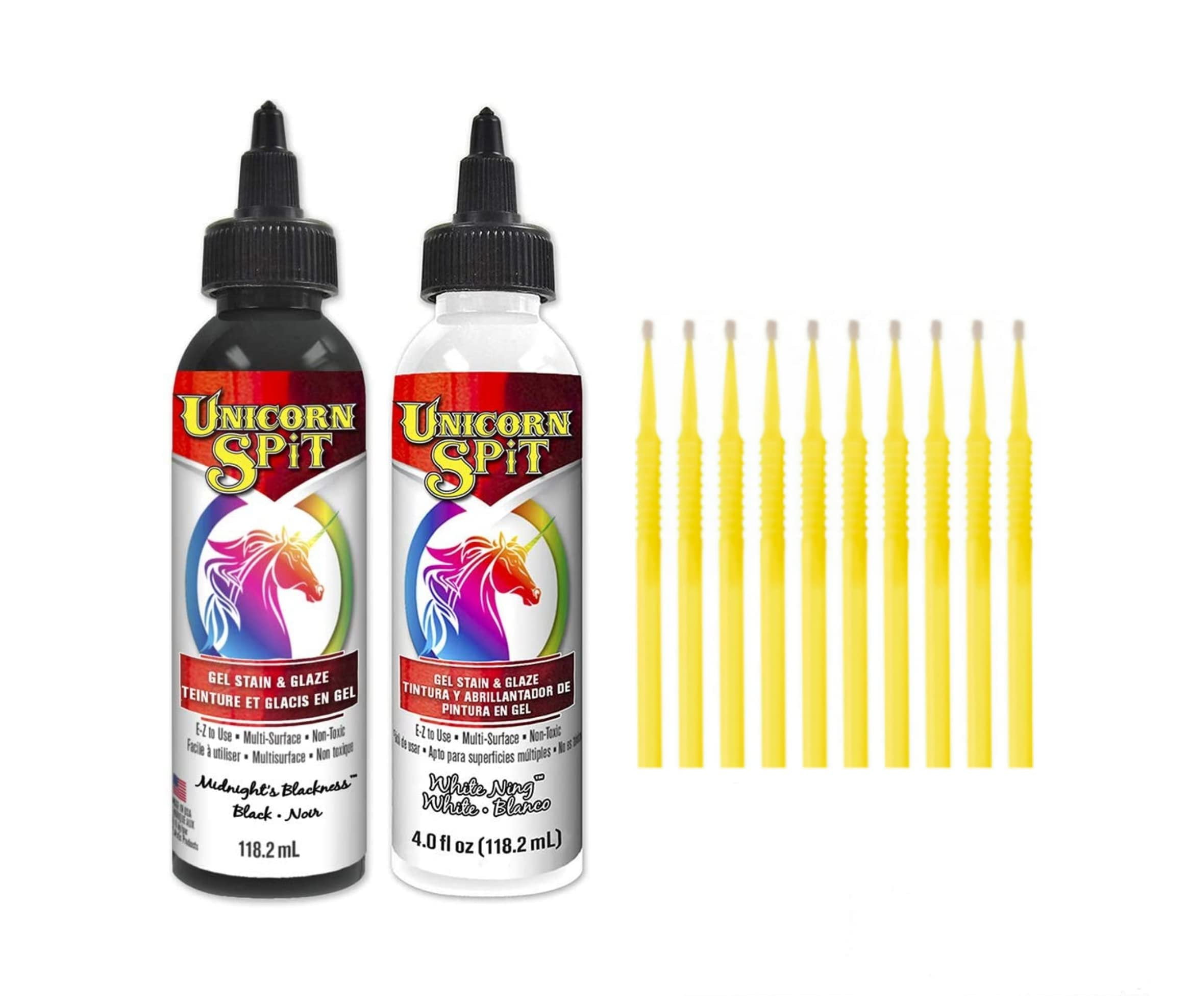 Unicorn SPiT Gel Stain & Glaze Paint in One - 4oz Black & White Set - Midnight's Blackness & White Ning with 10 TreBBies Fine Detail Sticks