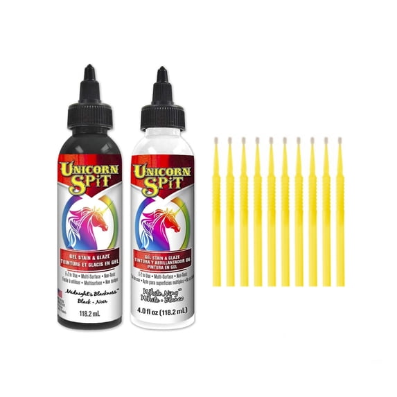 Unicorn SPiT Gel Stain & Glaze Paint in One - 4oz Black & White Set - Midnight's Blackness & White Ning with 10 TreBBies Fine Detail Sticks