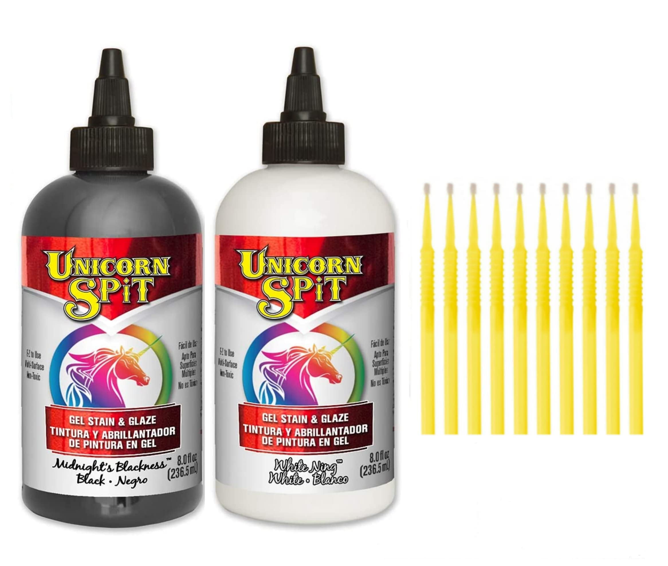 Unicorn SPiT Gel Stain & Glaze Paint in One - 8oz Black & White Set - Midnight's Blackness & White Ning with 10 TreBBies Fine Detail Sticks