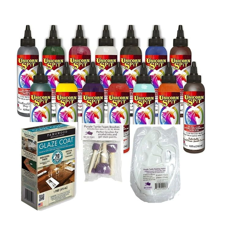 Unicorn SPiT Gel Stain & Glaze Paint in One Bundle with Famowood Glaze Coat  Kit, and Purple Turtle Products Accessory Kit (14 Paint Deluxe Set, 4 oz) 