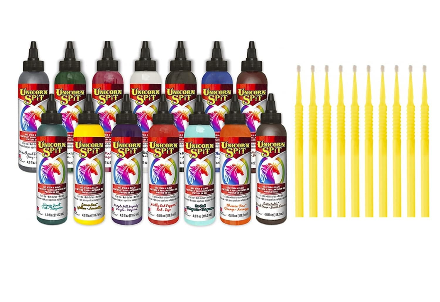 Unicorn SPiT Gel Stain & Glaze in One - 14 Complete Original Paint Collection 4oz Bottles with 10 TreBBies Fine Detail Sticks