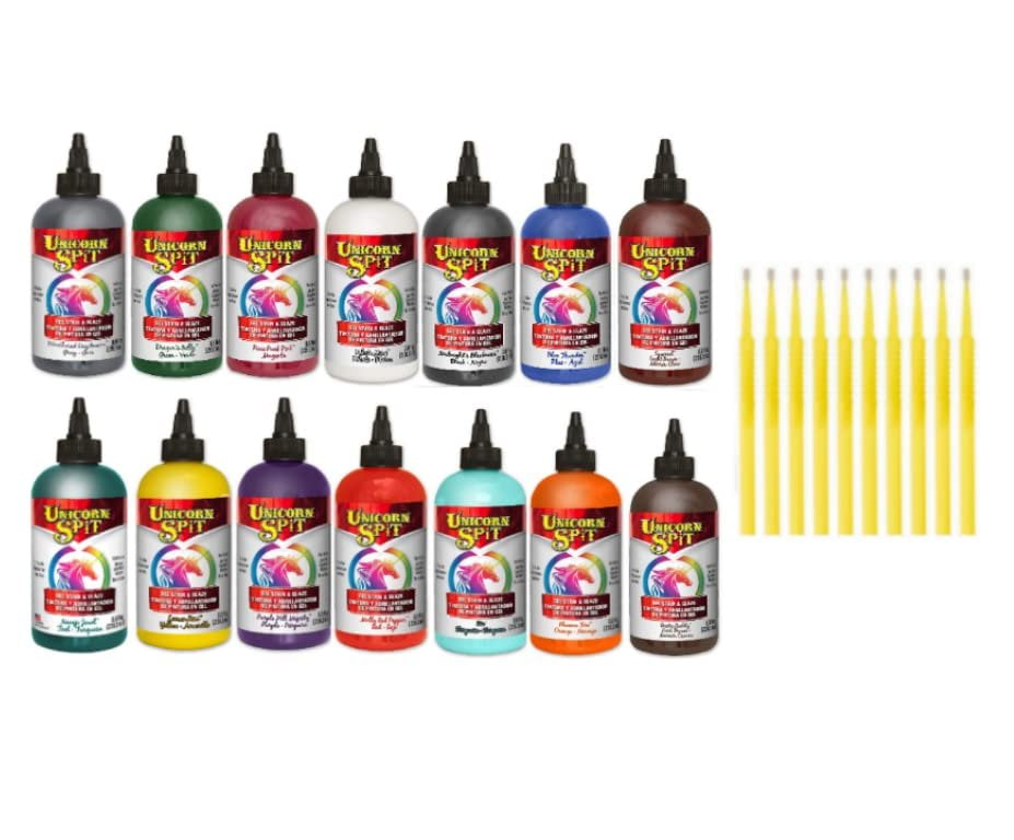 Unicorn SPiT Gel Stain & Glaze in One - 14 Complete Original Paint Collection 8oz Bottles with 10 TreBBies Fine Detail Sticks