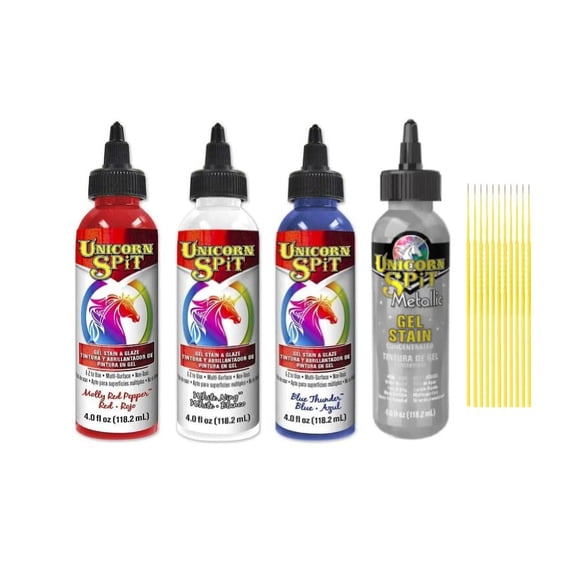 Unicorn SPiT Gel and Glaze Stain in one Bundles - 4 4oz. Bottles with Trebbies Detail Sticks (Americana Collection)