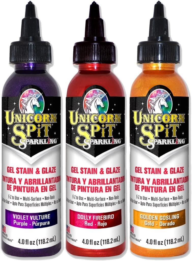 Unicorn SPiT Sparkling - Gel Stain & Glaze - 4oz Sunset Sparkle Collection - Violet Vulture, Dolly Firebird, Golden Gosling