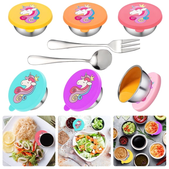 Unicorn Salad Dressing Container to Go, 6x1.9oz Small Condiment Containers with Lids for Kids, Reusable Stainless Steel Leakproof Dipping Sauce Containers for Lunch Box Kids Bento Box
