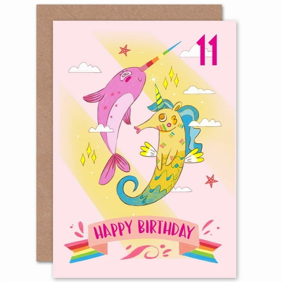 Unicorn Seahorse Narwhal 11th Birthday Greetings Card Plus Envelope Blank inside