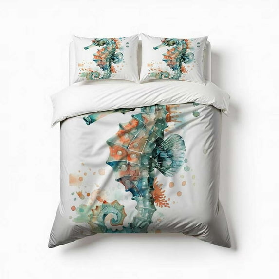 Unicorn Seahorse Watercolor Bedding Set 3 Pcs Soft Microfiber Quilt Cover For Bedroom Decor, Comforter Cover With 2 Pillowcase