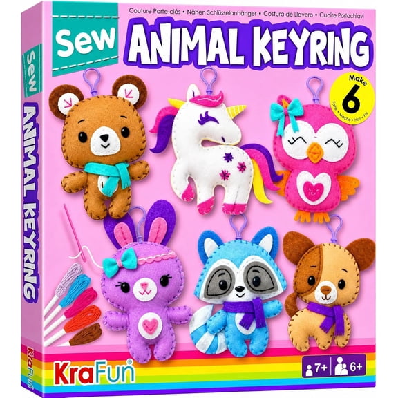 Unicorn Sewing Keyring Kit for Kids Age 7 8 9 10 11 12 Learn Art & Craft, Includes 6 Stuffed Animal Bear, Dog, Rabbit, Raccoon, Owl Dolls, Instruction & Felt Materials