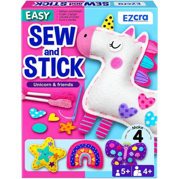 Unicorn Sewing Kit for Kids Ages 4-8 - 4 Beginner Kids Sewing Crafts Projects - No-Mess Arts & Crafts for Girls - Gift for Kids with Felt Stickers