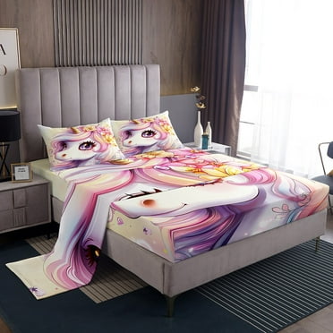 Unicorn Sheet Set Full for Girls Kids Rainbow Unicorn Bed Sheets Set 4 Pcs, Cute Cartoon Unicorn Fitted Sheet Kawaii Princess Bedroom Decor Flat Sheet Lovely Unicorn Bedding Set