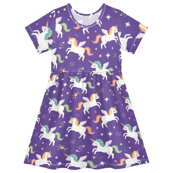 Unicorn Short Sleeve Dress A-Line Cute Midi Casual Sundress 2-8 Years