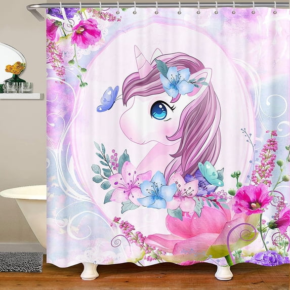 Unicorn Shower Curtain Dreamy Horse Floral Bath Curtain for Stalls Kids Baby Girl Cute Fantasy Unicorn Bathroom Curtain Girly Pink Waterproof Fabric Curtain Set Bathtubs Decor 72"x72"