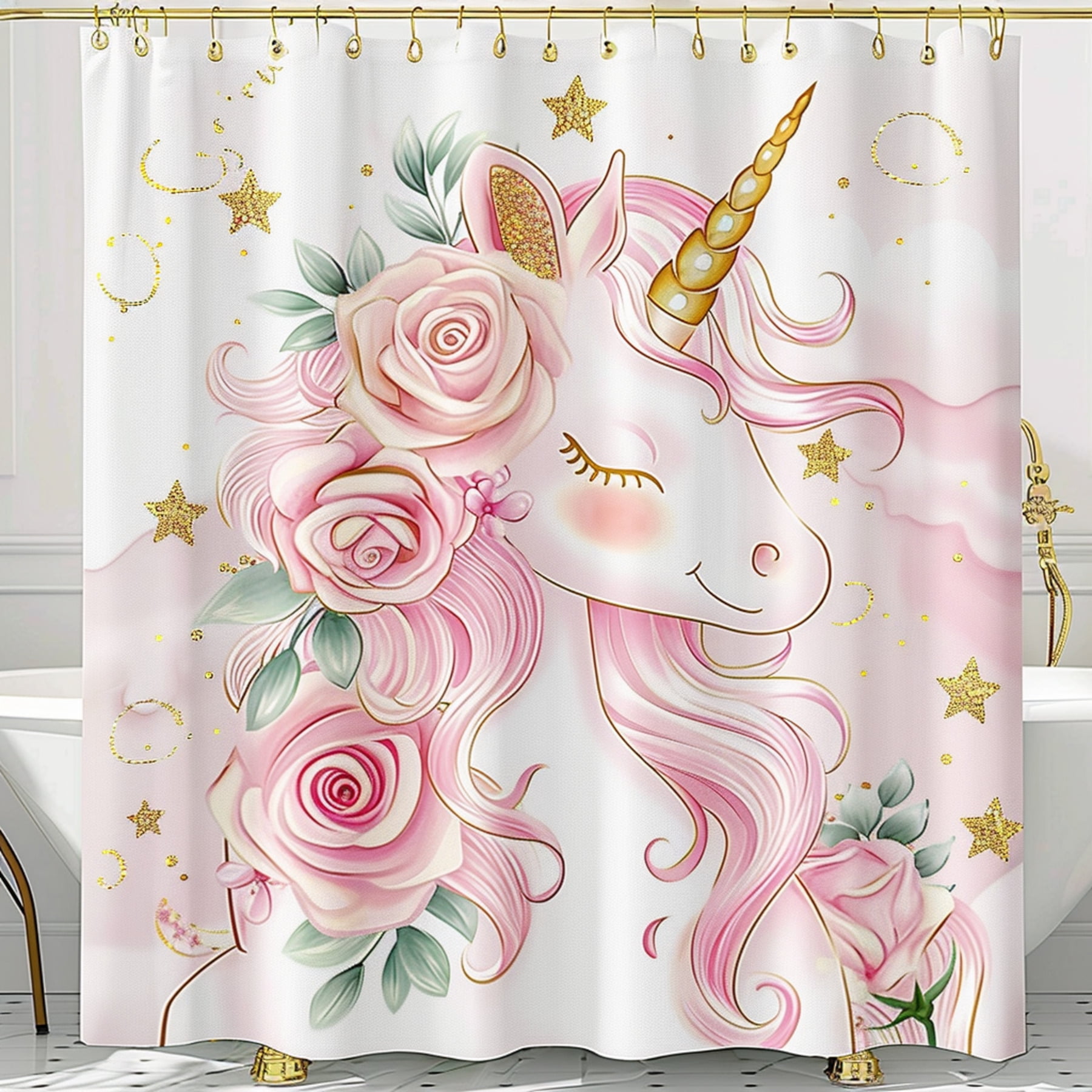 Unicorn Shower Curtain for Girls' Bathroom Pink Roses Gold Stars Dreamy
