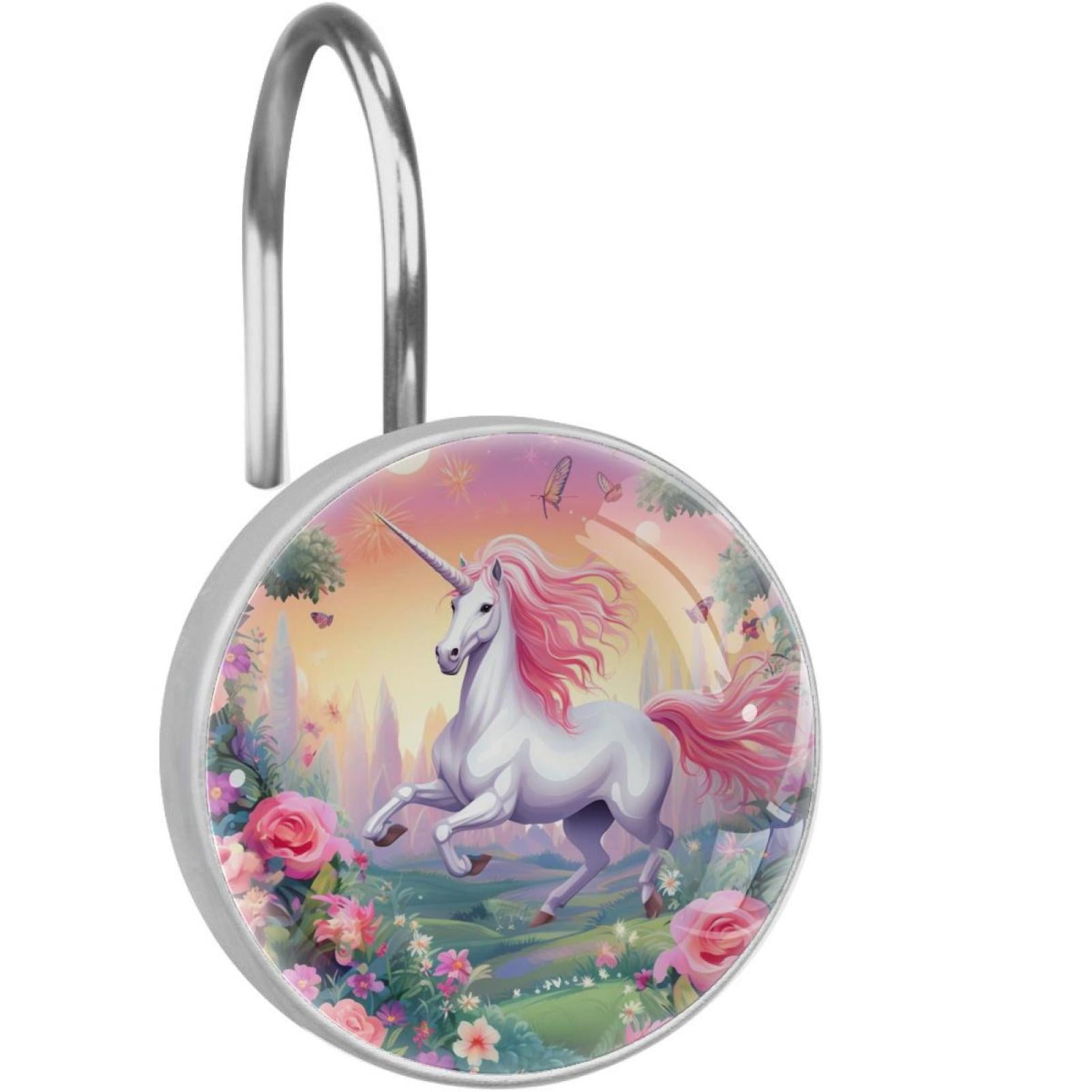 Unicorn Shower Curtain Hooks （Set of 12） for Home Hotel Shower Rods Bathroom Crystal Glass Print Stainless Steel Round Curtain Hooks