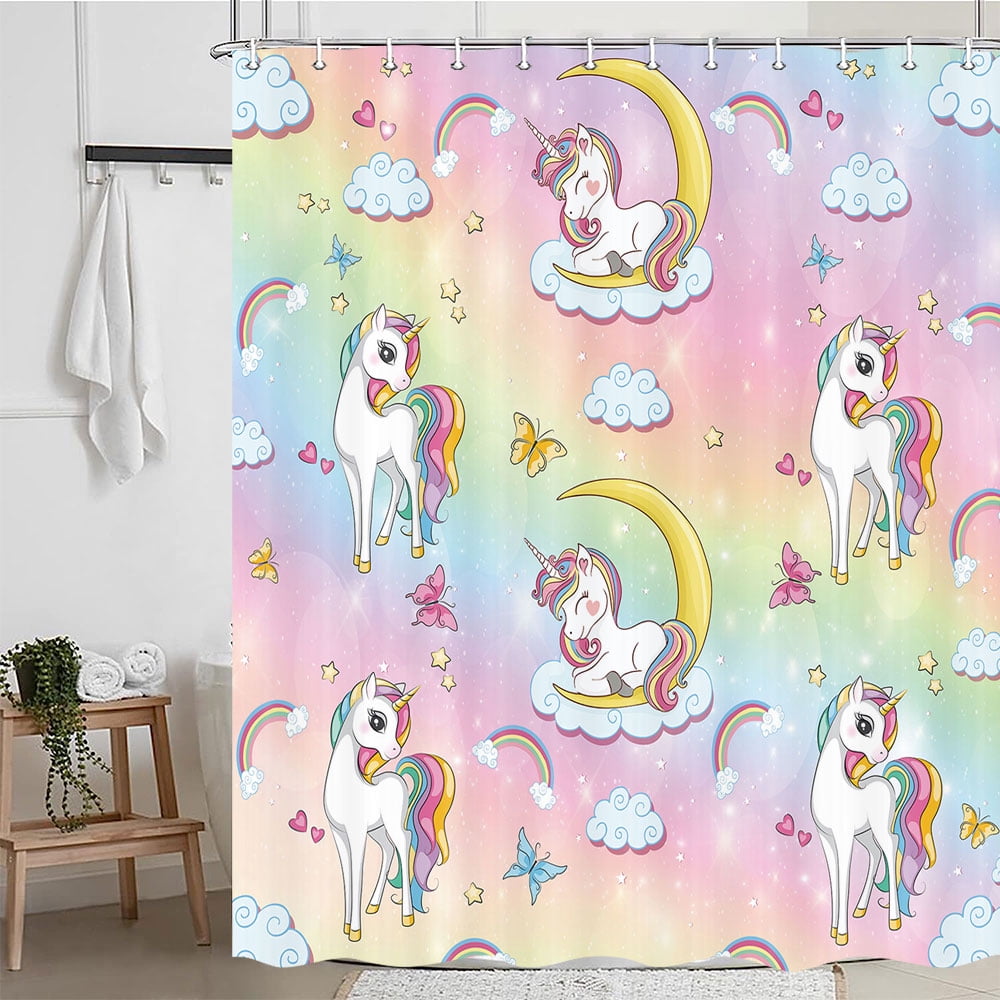 Unicorn Shower Curtain for Kids Girls, Colorful Rainbow Gradient Pastel