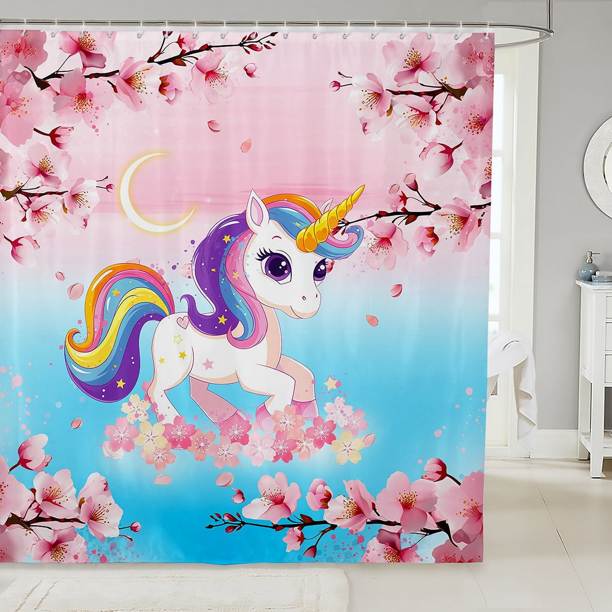 Unicorn Shower Curtain Cartoon Animal Horse Bath Curtain,Cherry Blossom ...
