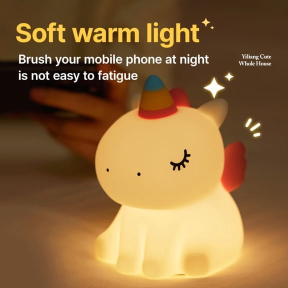 Unicorn Silicone Night Light Pony Smart Patting Light Sleep Light Sensing Atmosphere Light Level 3 Brightness Timer Turn Off USB Rechargeable Room Decoration Gift for Friends