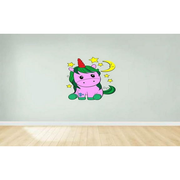 Unicorn Sitting under the Moon and Stars Cartoon Character Wall Art Sticker Vinyl Decals Girls Boys Children Baby Bedroom House School Wall Decor Removable Sticker Peel and Stick Size (30x15 inch)