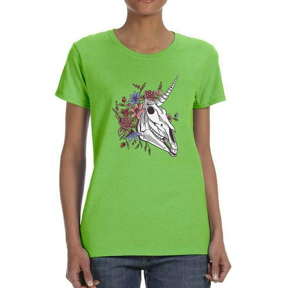 Unicorn Skull W Flowers T-Shirt Women -Smartprints Designs, Female Medium