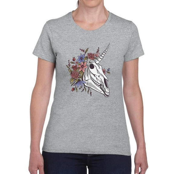 Unicorn Skull W Flowers T-Shirt Women -Smartprints Designs, Female Medium